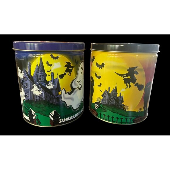 Vintage 1998 Halloween Metal Tins  Ghosts & Black Cats Design - Set Of 2 - 6" - Picture 2 of 8